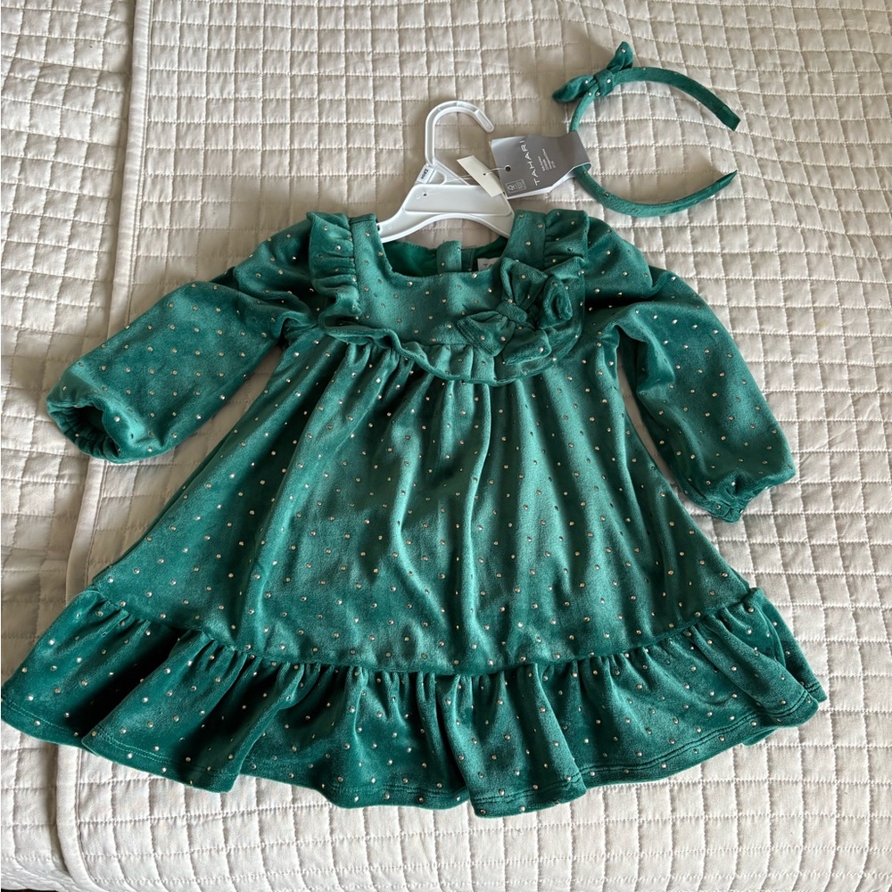 Tahari Emerald velvet Green Dress with Gold Accents